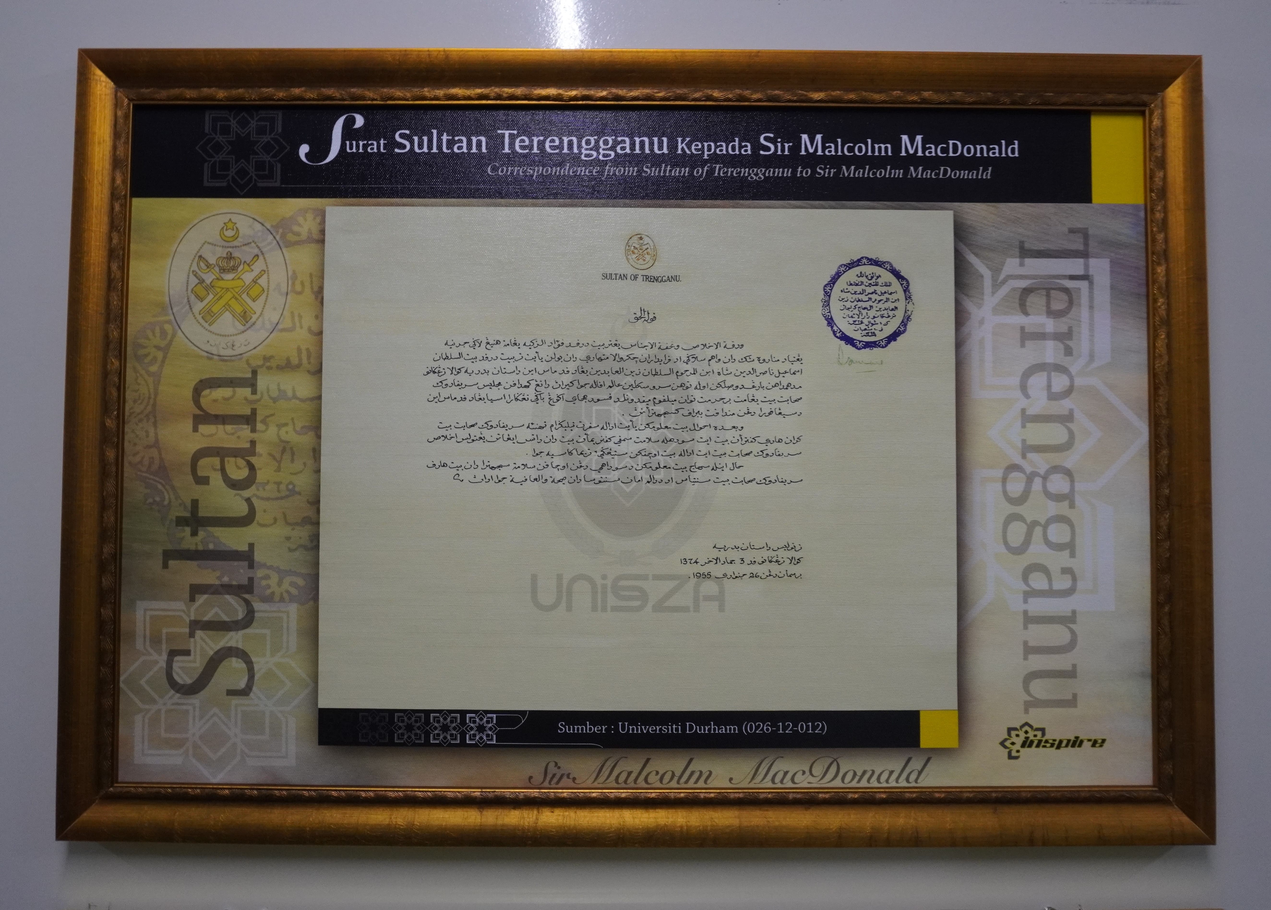 CORRESPONDENCE FROM SULTAN OF TERENGGANU TO SIR MALCOLM MACDONALD